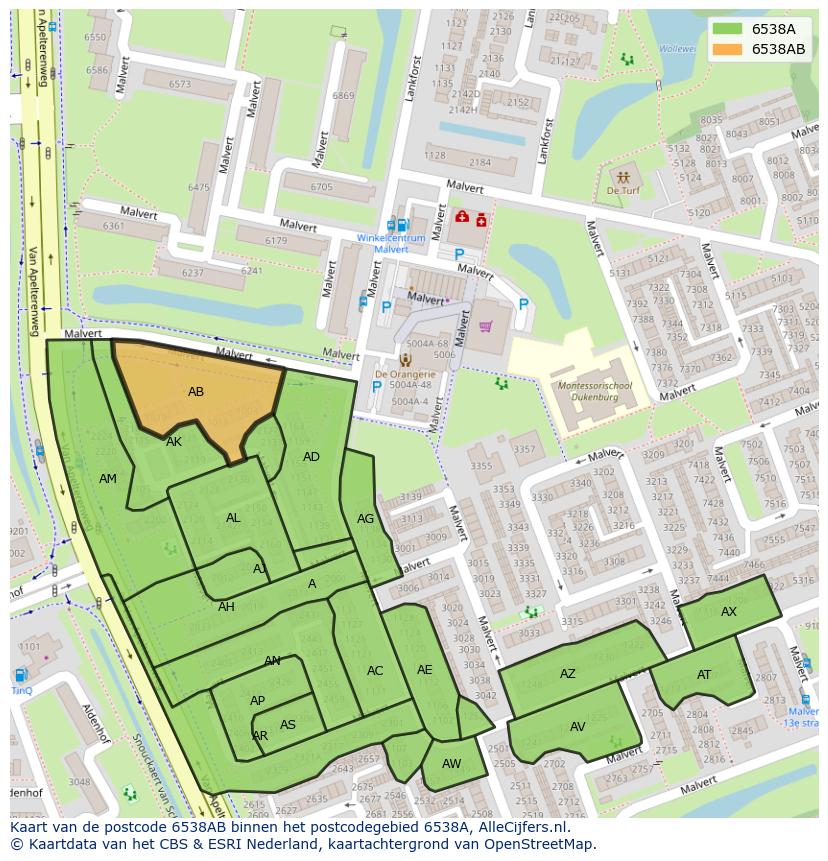 Afbeelding van het postcodegebied 6538 AB op de kaart.