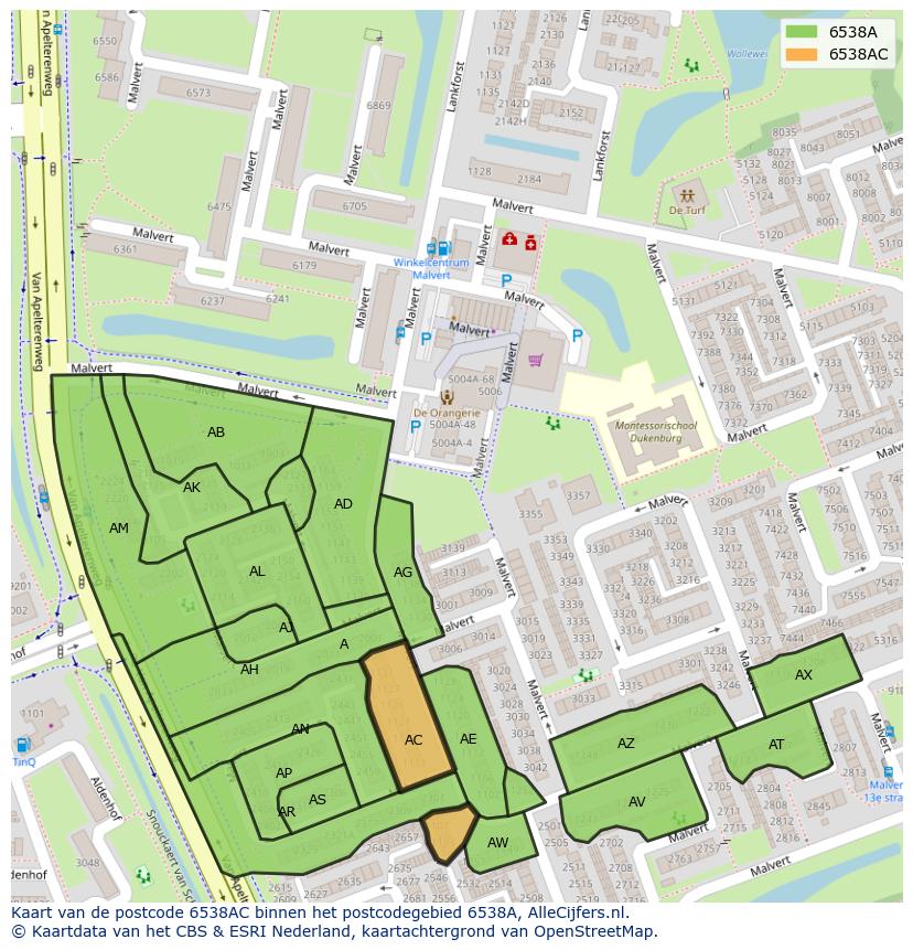 Afbeelding van het postcodegebied 6538 AC op de kaart.