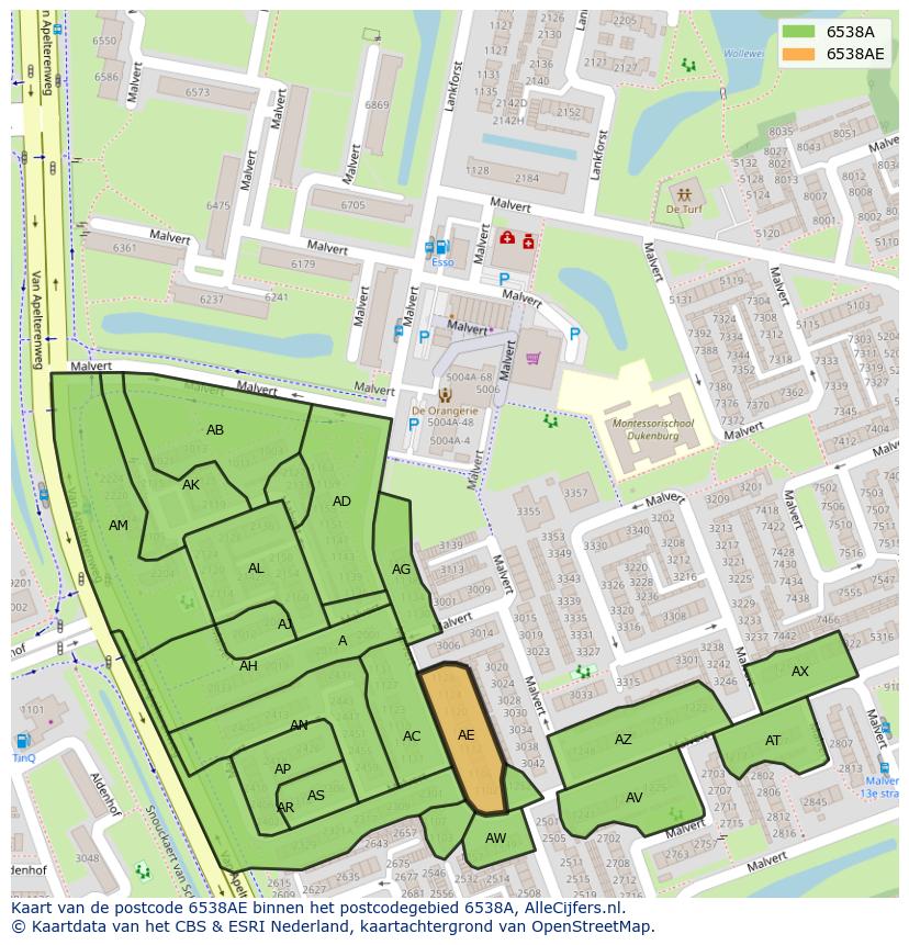 Afbeelding van het postcodegebied 6538 AE op de kaart.