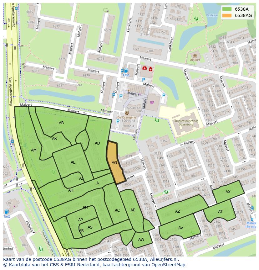 Afbeelding van het postcodegebied 6538 AG op de kaart.