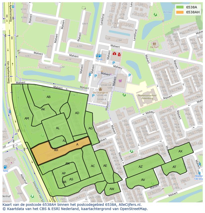 Afbeelding van het postcodegebied 6538 AH op de kaart.