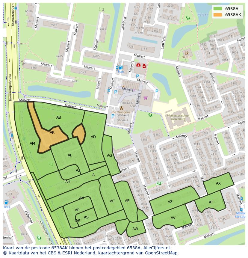 Afbeelding van het postcodegebied 6538 AK op de kaart.