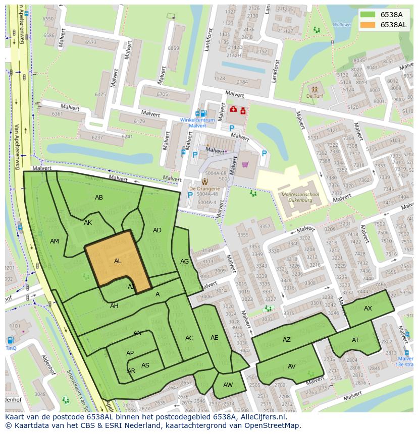 Afbeelding van het postcodegebied 6538 AL op de kaart.