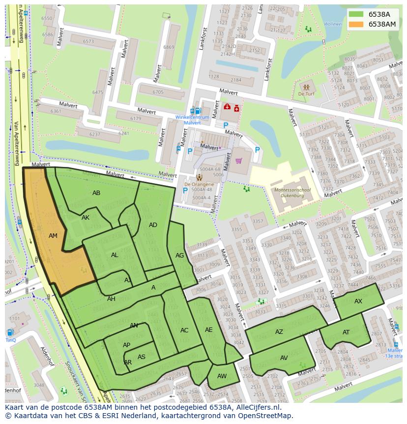 Afbeelding van het postcodegebied 6538 AM op de kaart.