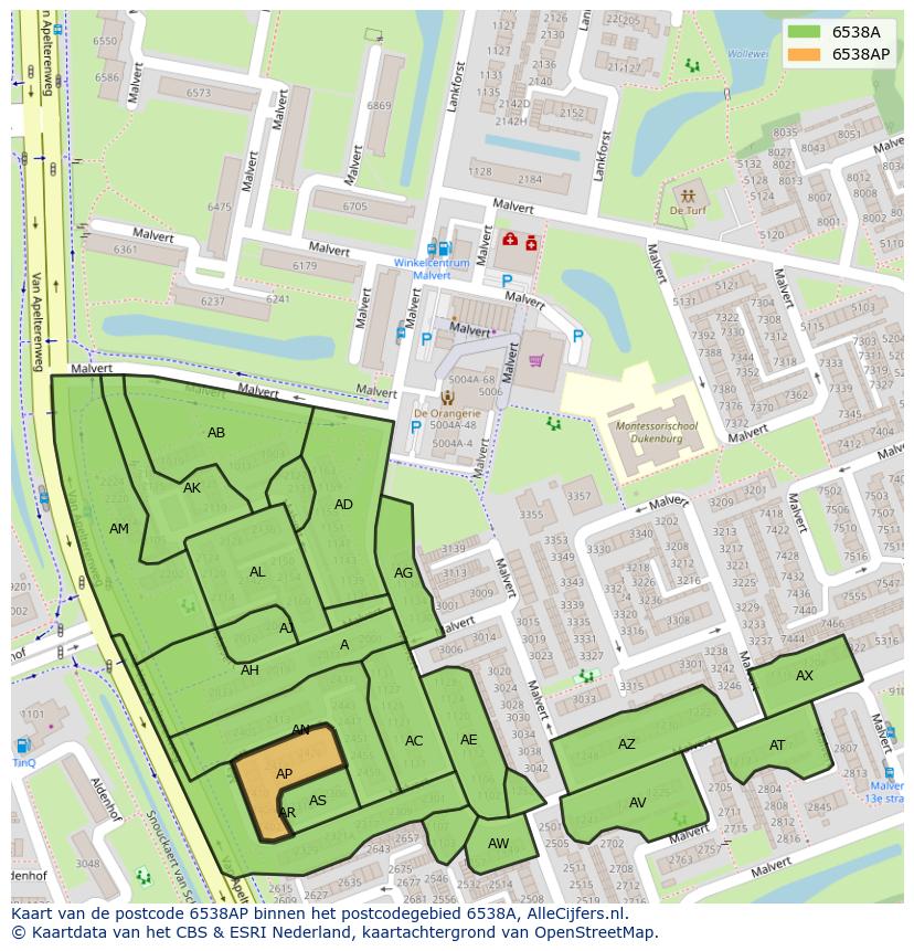 Afbeelding van het postcodegebied 6538 AP op de kaart.