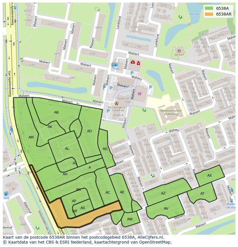 Afbeelding van het postcodegebied 6538 AR op de kaart.