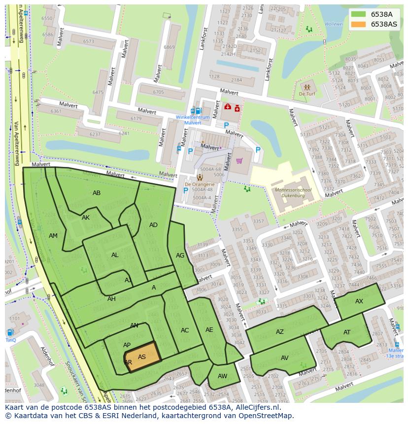 Afbeelding van het postcodegebied 6538 AS op de kaart.