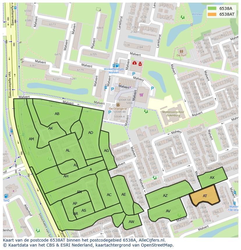 Afbeelding van het postcodegebied 6538 AT op de kaart.