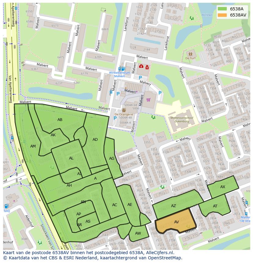 Afbeelding van het postcodegebied 6538 AV op de kaart.
