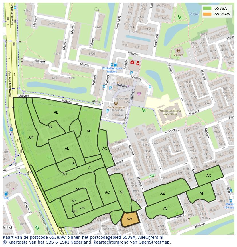 Afbeelding van het postcodegebied 6538 AW op de kaart.