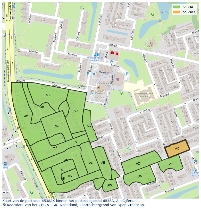 Afbeelding van het postcodegebied 6538 AX op de kaart.