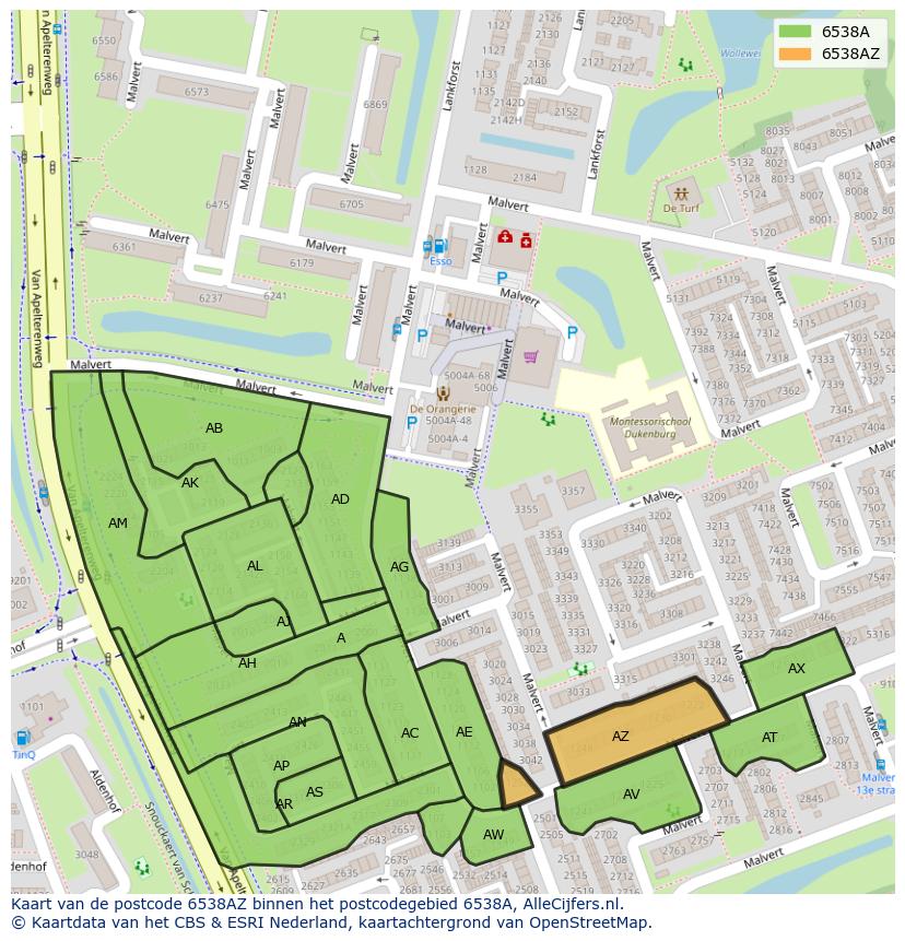 Afbeelding van het postcodegebied 6538 AZ op de kaart.