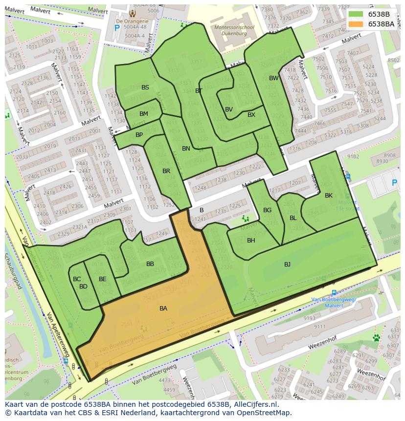 Afbeelding van het postcodegebied 6538 BA op de kaart.