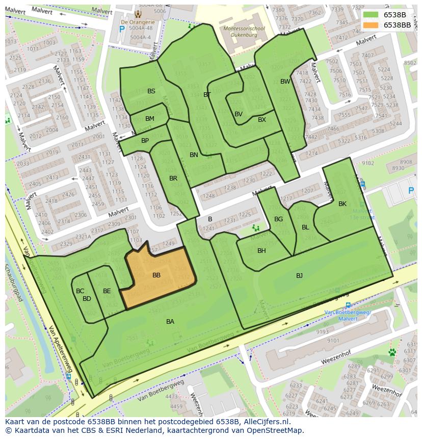 Afbeelding van het postcodegebied 6538 BB op de kaart.