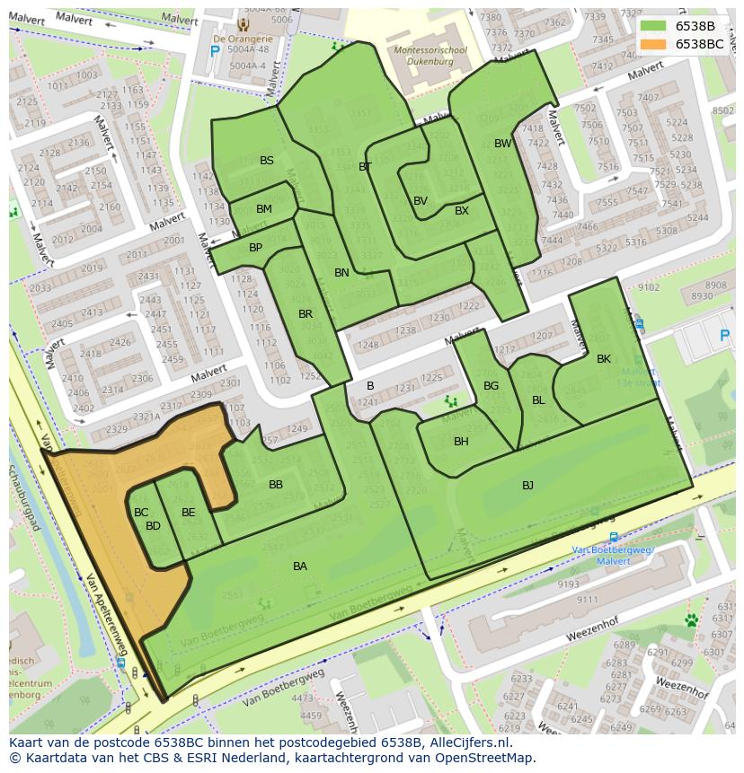 Afbeelding van het postcodegebied 6538 BC op de kaart.
