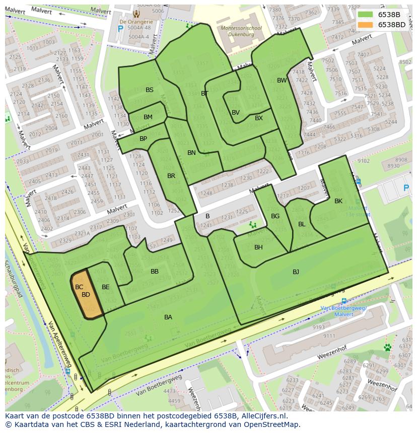 Afbeelding van het postcodegebied 6538 BD op de kaart.