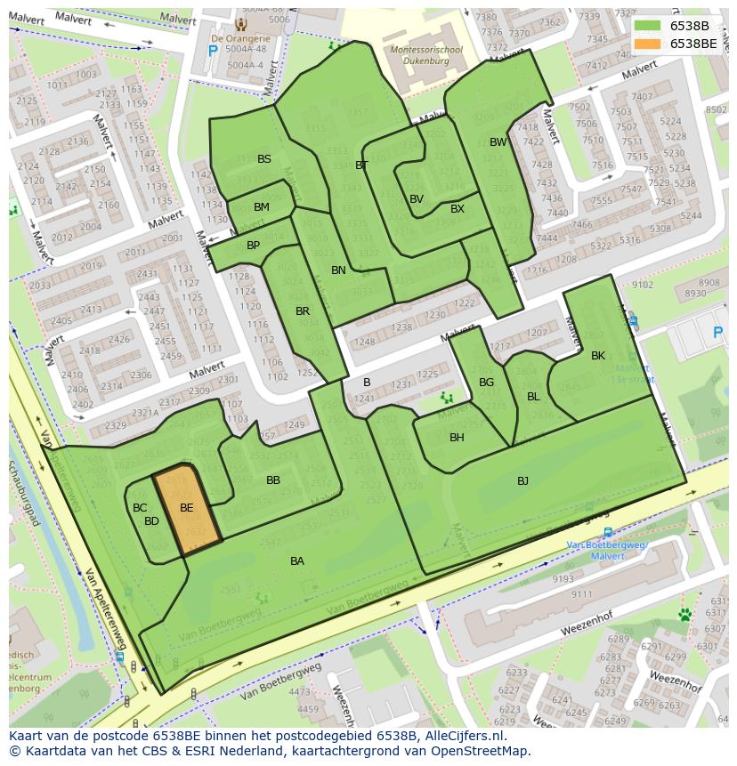 Afbeelding van het postcodegebied 6538 BE op de kaart.