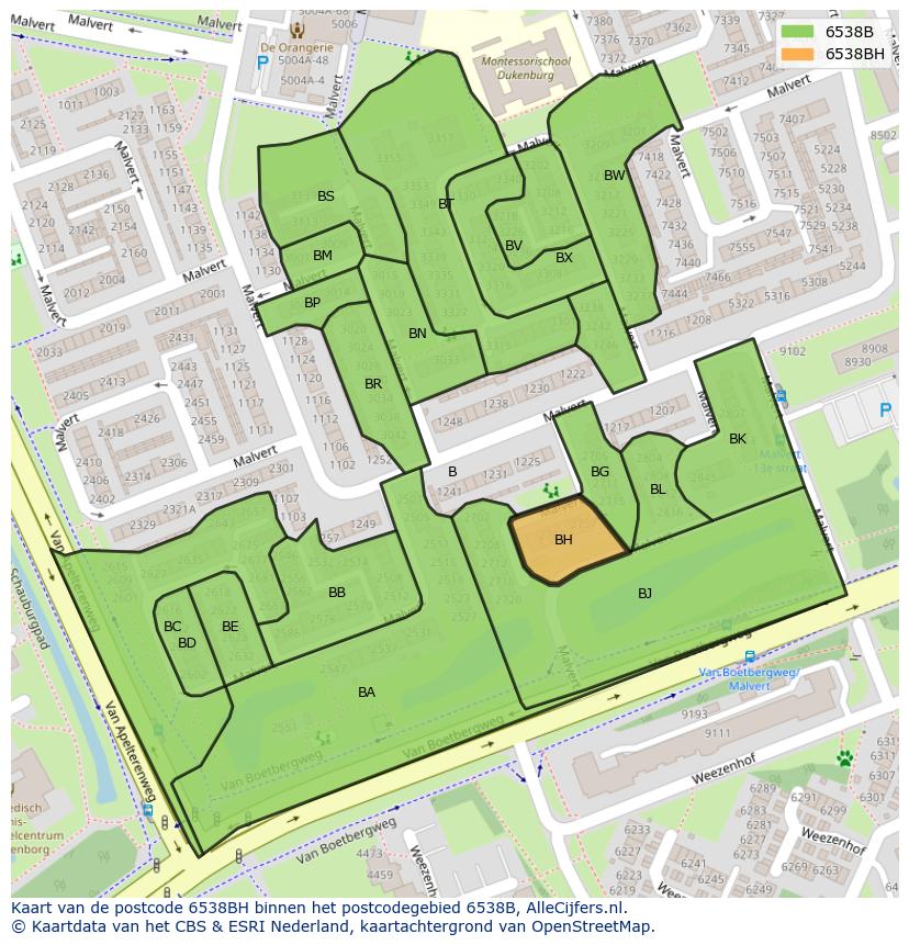 Afbeelding van het postcodegebied 6538 BH op de kaart.