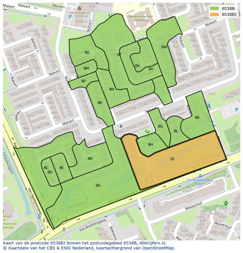 Afbeelding van het postcodegebied 6538 BJ op de kaart.
