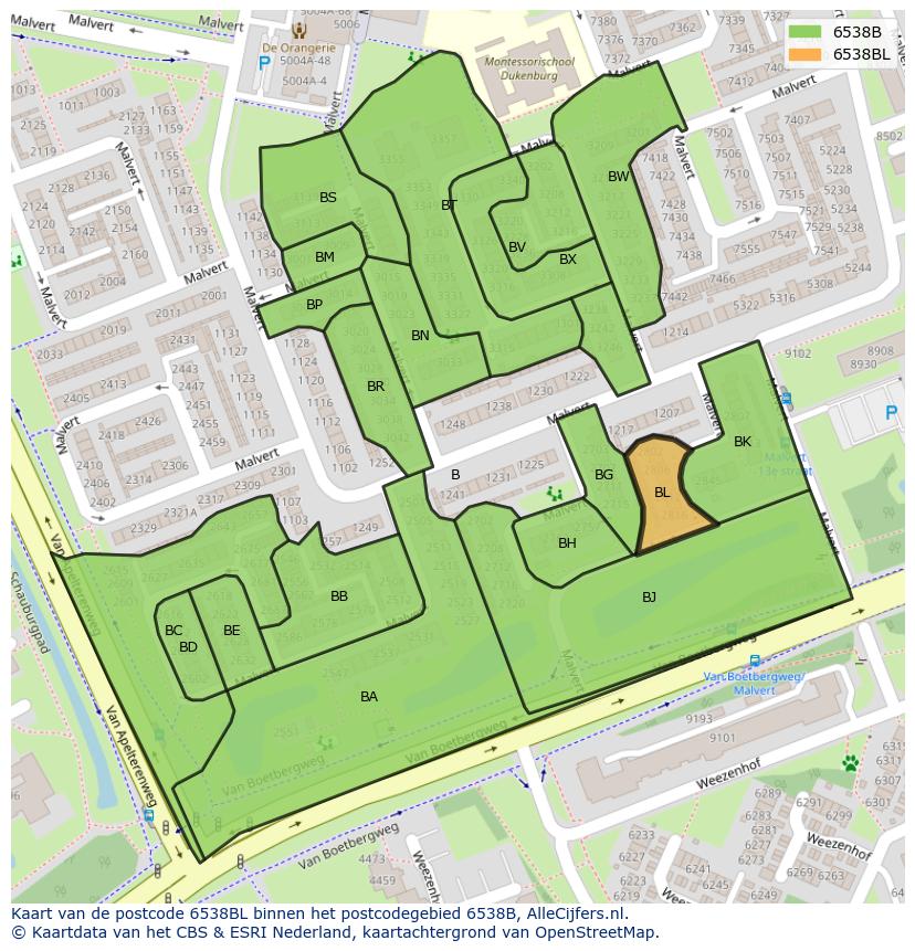 Afbeelding van het postcodegebied 6538 BL op de kaart.