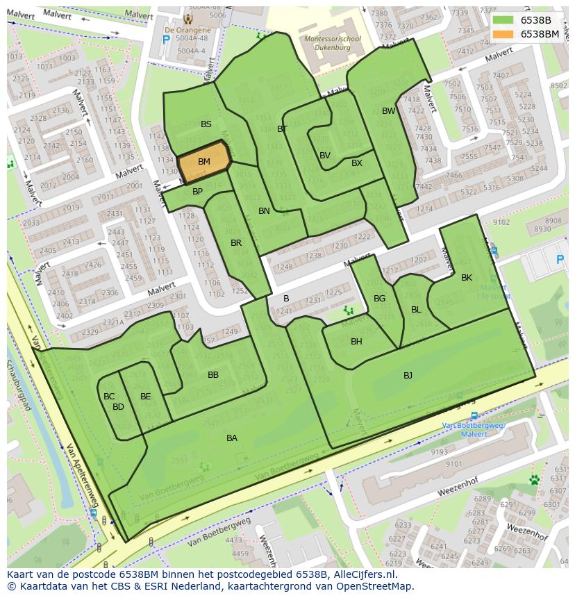 Afbeelding van het postcodegebied 6538 BM op de kaart.