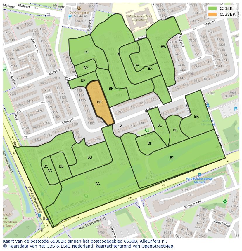 Afbeelding van het postcodegebied 6538 BR op de kaart.