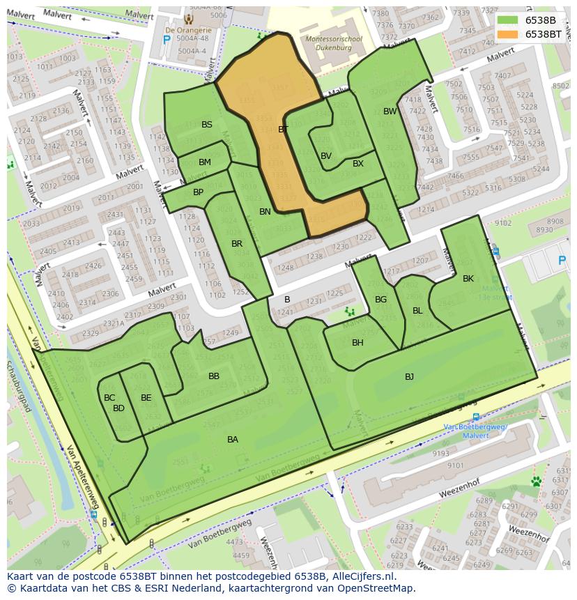 Afbeelding van het postcodegebied 6538 BT op de kaart.