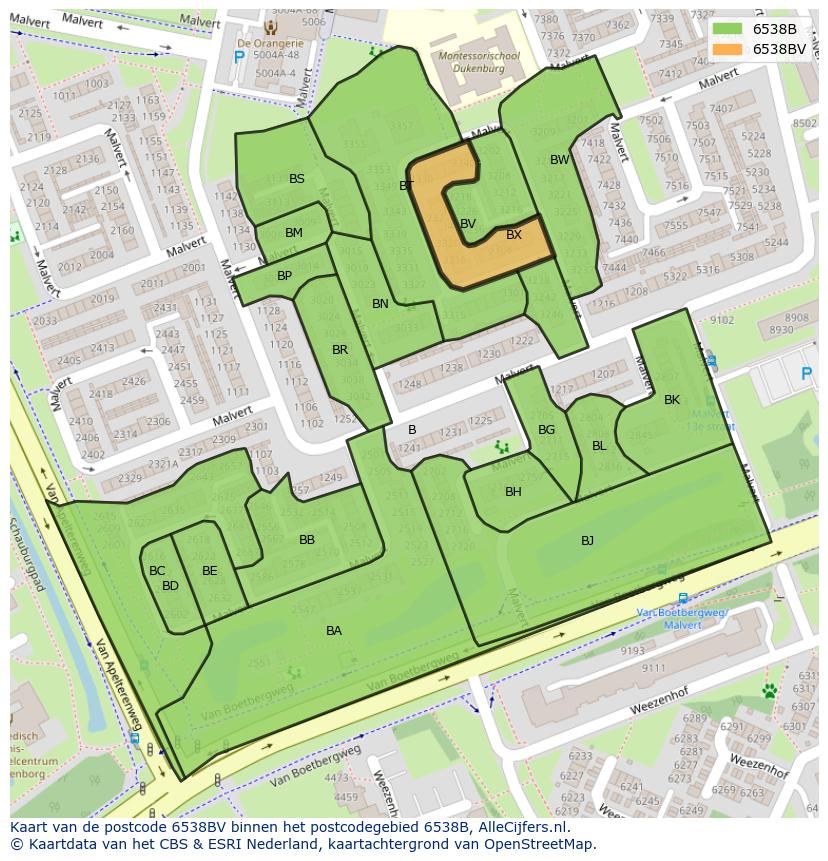 Afbeelding van het postcodegebied 6538 BV op de kaart.