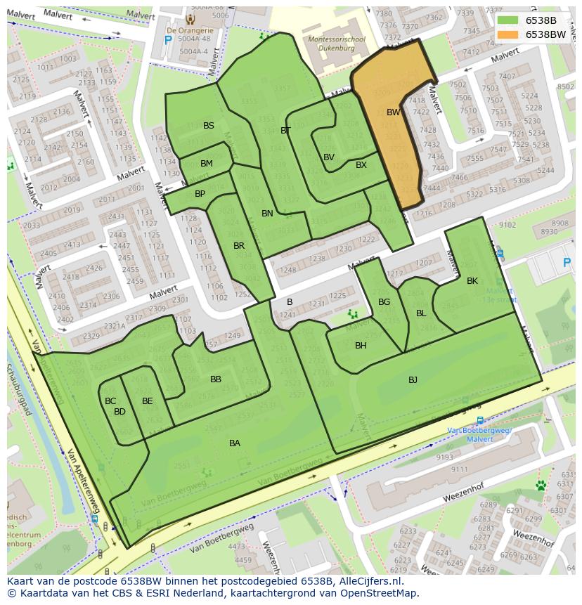 Afbeelding van het postcodegebied 6538 BW op de kaart.