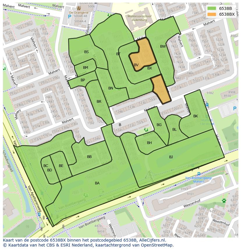 Afbeelding van het postcodegebied 6538 BX op de kaart.