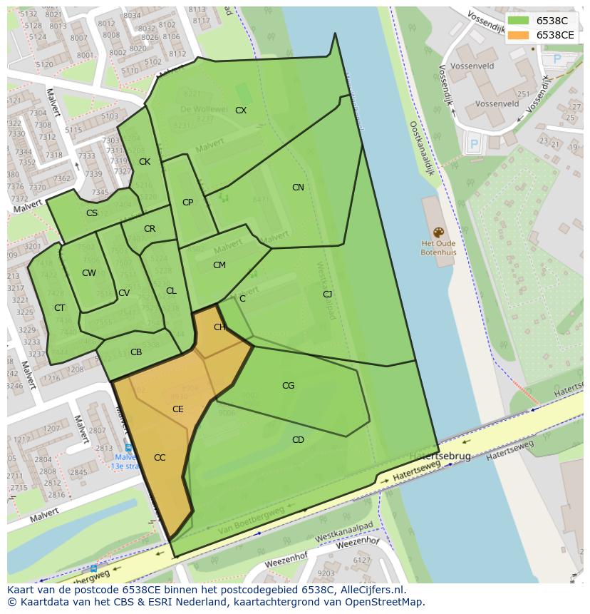 Afbeelding van het postcodegebied 6538 CE op de kaart.
