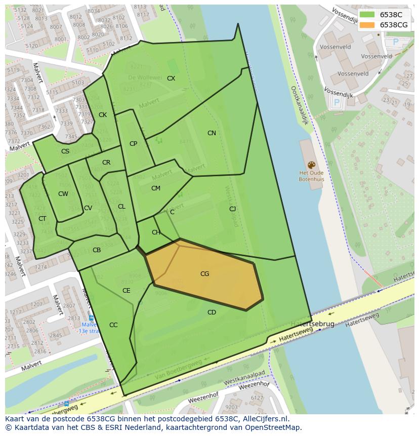 Afbeelding van het postcodegebied 6538 CG op de kaart.