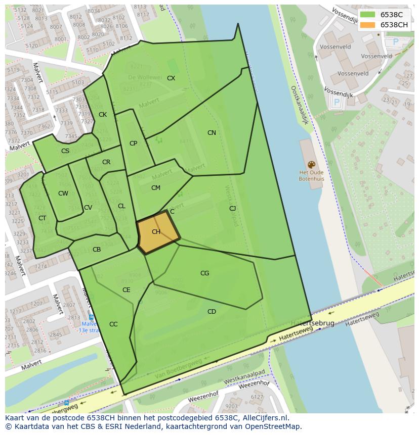 Afbeelding van het postcodegebied 6538 CH op de kaart.