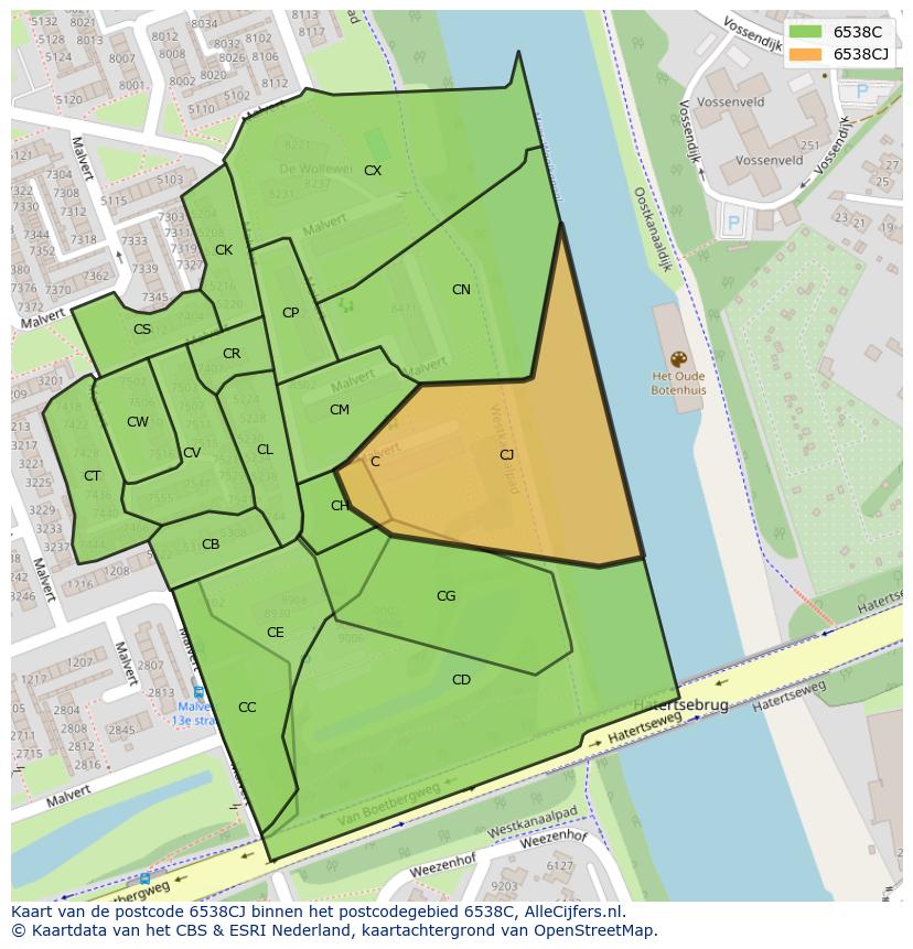 Afbeelding van het postcodegebied 6538 CJ op de kaart.