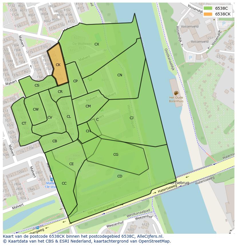 Afbeelding van het postcodegebied 6538 CK op de kaart.