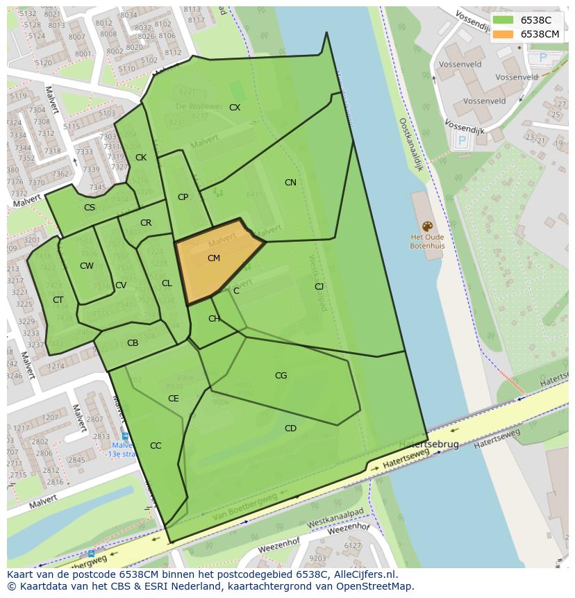 Afbeelding van het postcodegebied 6538 CM op de kaart.