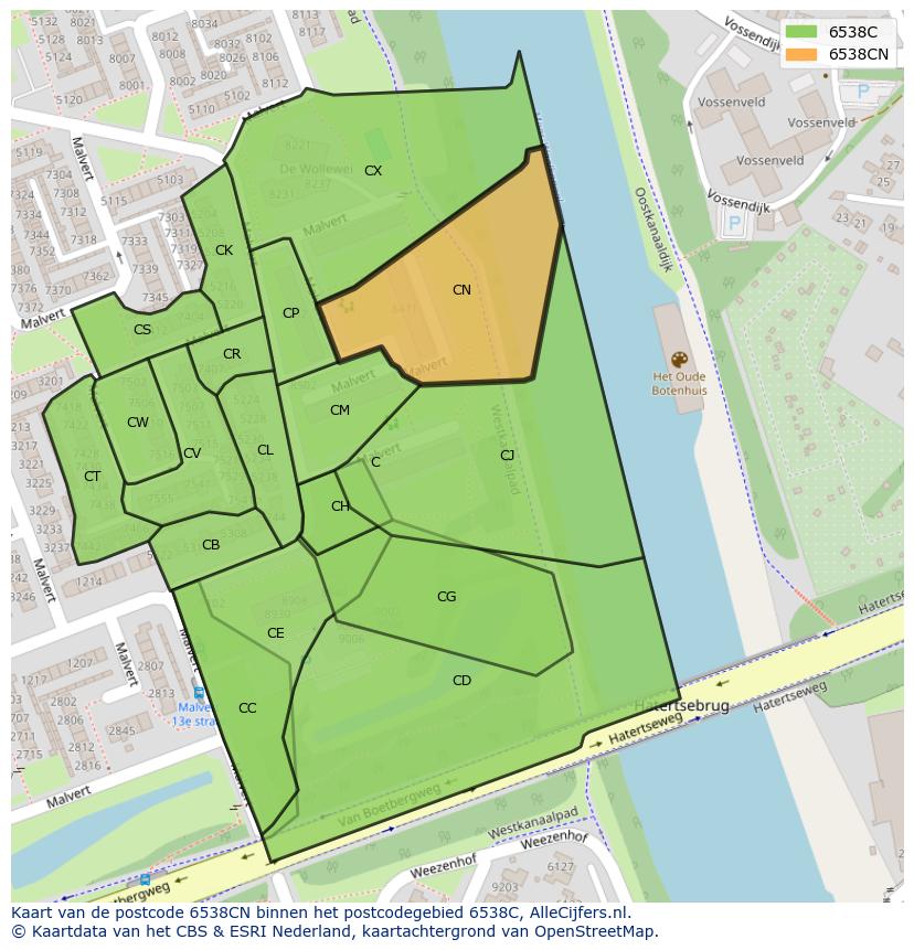 Afbeelding van het postcodegebied 6538 CN op de kaart.