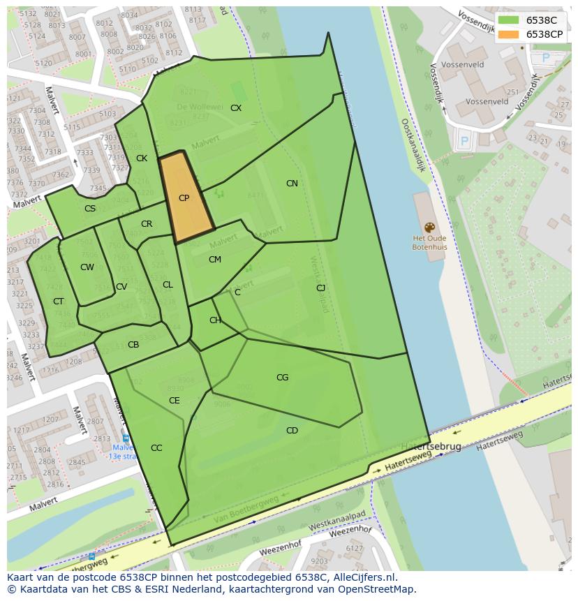 Afbeelding van het postcodegebied 6538 CP op de kaart.