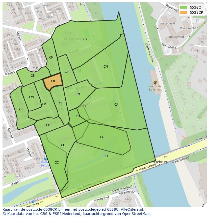 Afbeelding van het postcodegebied 6538 CR op de kaart.
