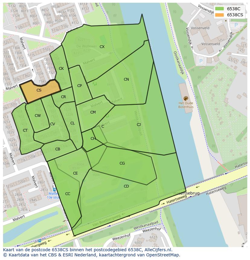 Afbeelding van het postcodegebied 6538 CS op de kaart.