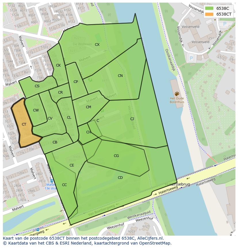 Afbeelding van het postcodegebied 6538 CT op de kaart.
