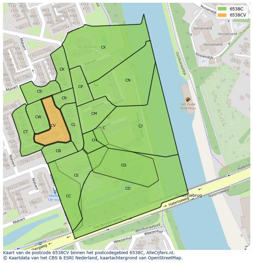 Afbeelding van het postcodegebied 6538 CV op de kaart.