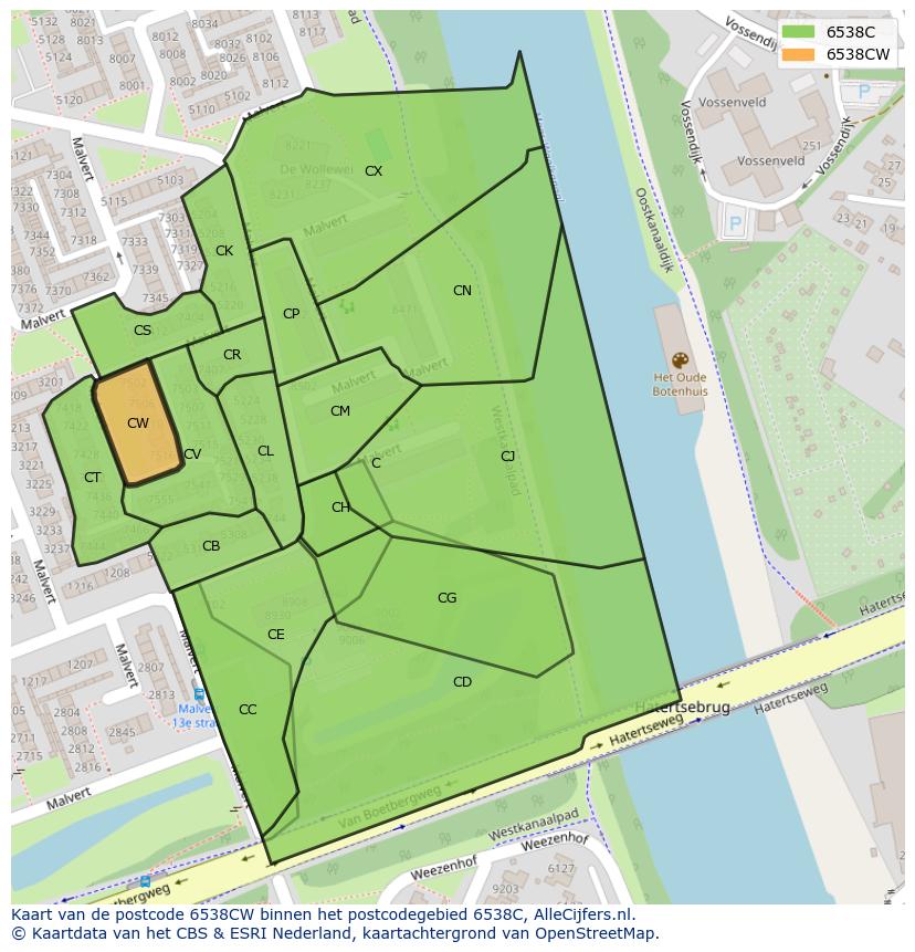 Afbeelding van het postcodegebied 6538 CW op de kaart.