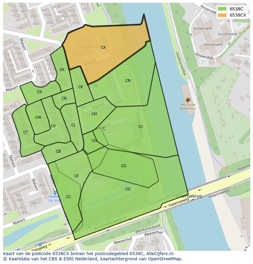 Afbeelding van het postcodegebied 6538 CX op de kaart.