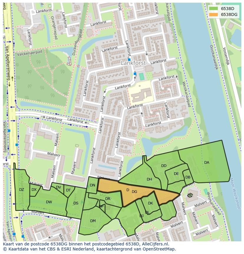 Afbeelding van het postcodegebied 6538 DG op de kaart.