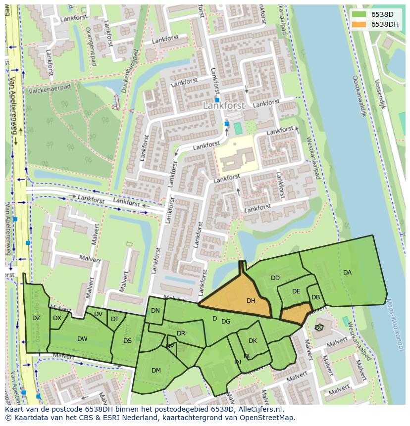 Afbeelding van het postcodegebied 6538 DH op de kaart.