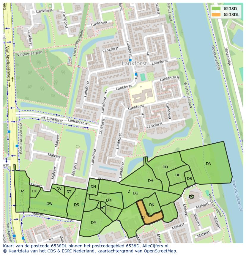 Afbeelding van het postcodegebied 6538 DL op de kaart.