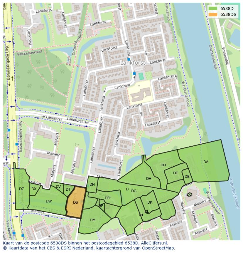 Afbeelding van het postcodegebied 6538 DS op de kaart.