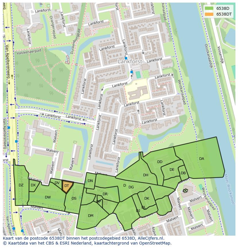 Afbeelding van het postcodegebied 6538 DT op de kaart.