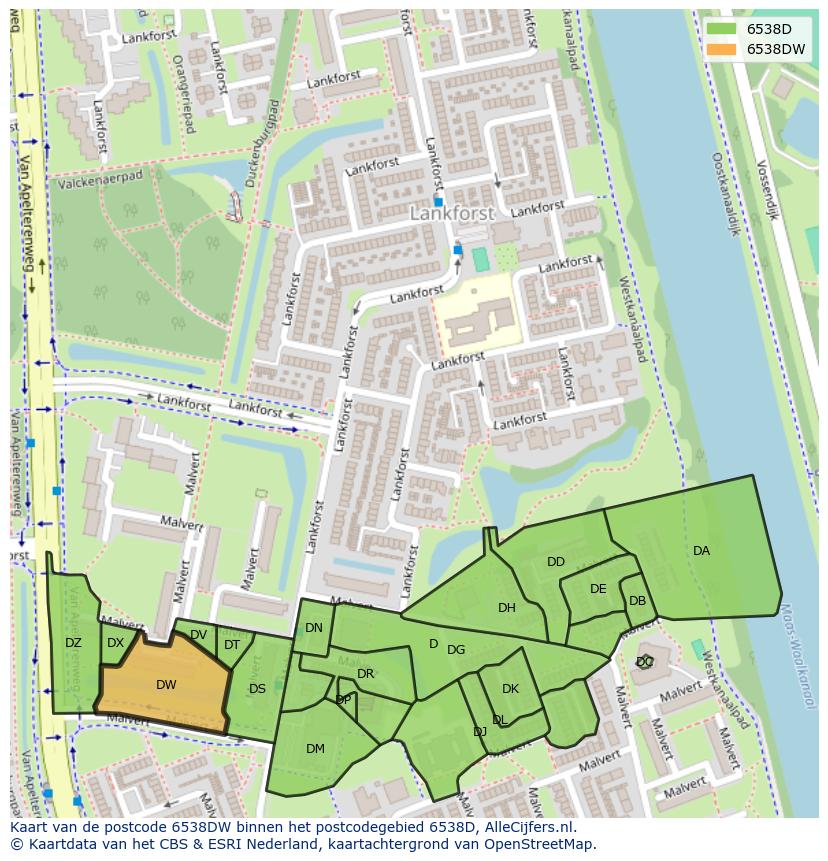Afbeelding van het postcodegebied 6538 DW op de kaart.